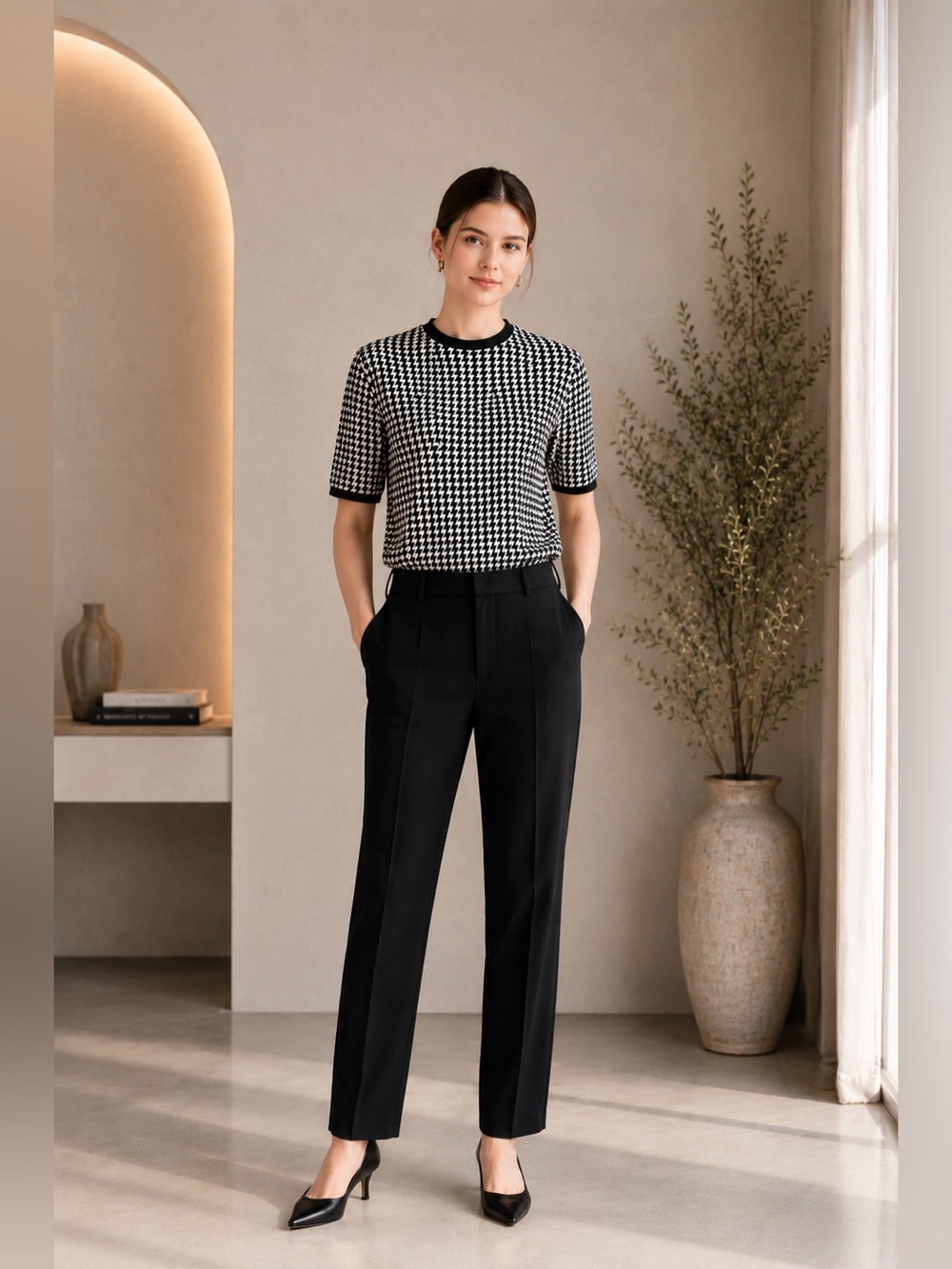 Talbots Houndstooth Mock Neck Knit Top Black White Cotton Workwear Size M